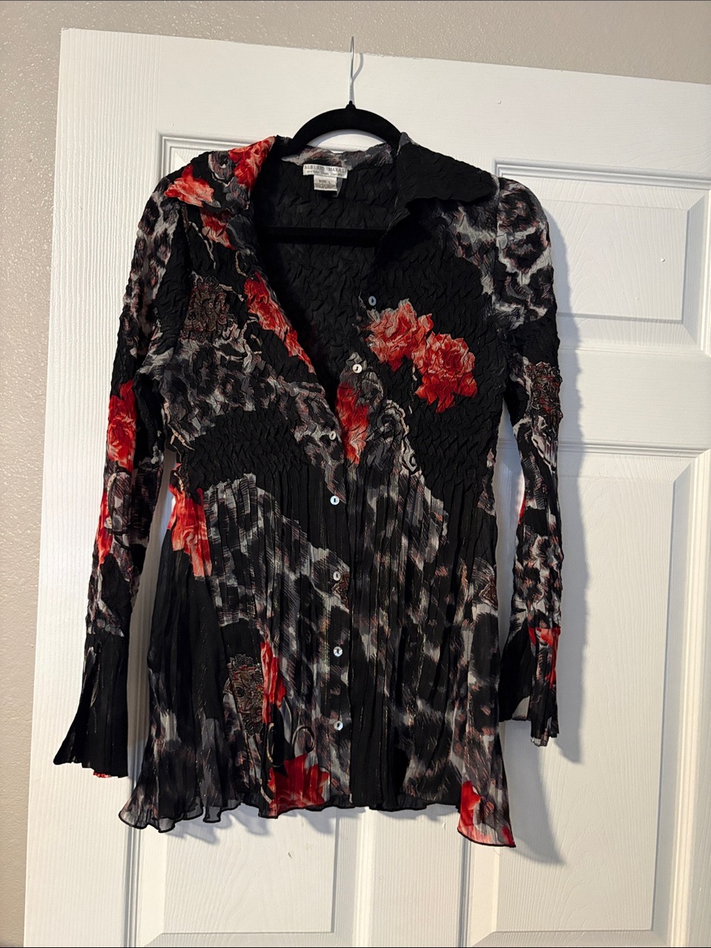 Alberto Makali Black Blouse with Red Floral Print
